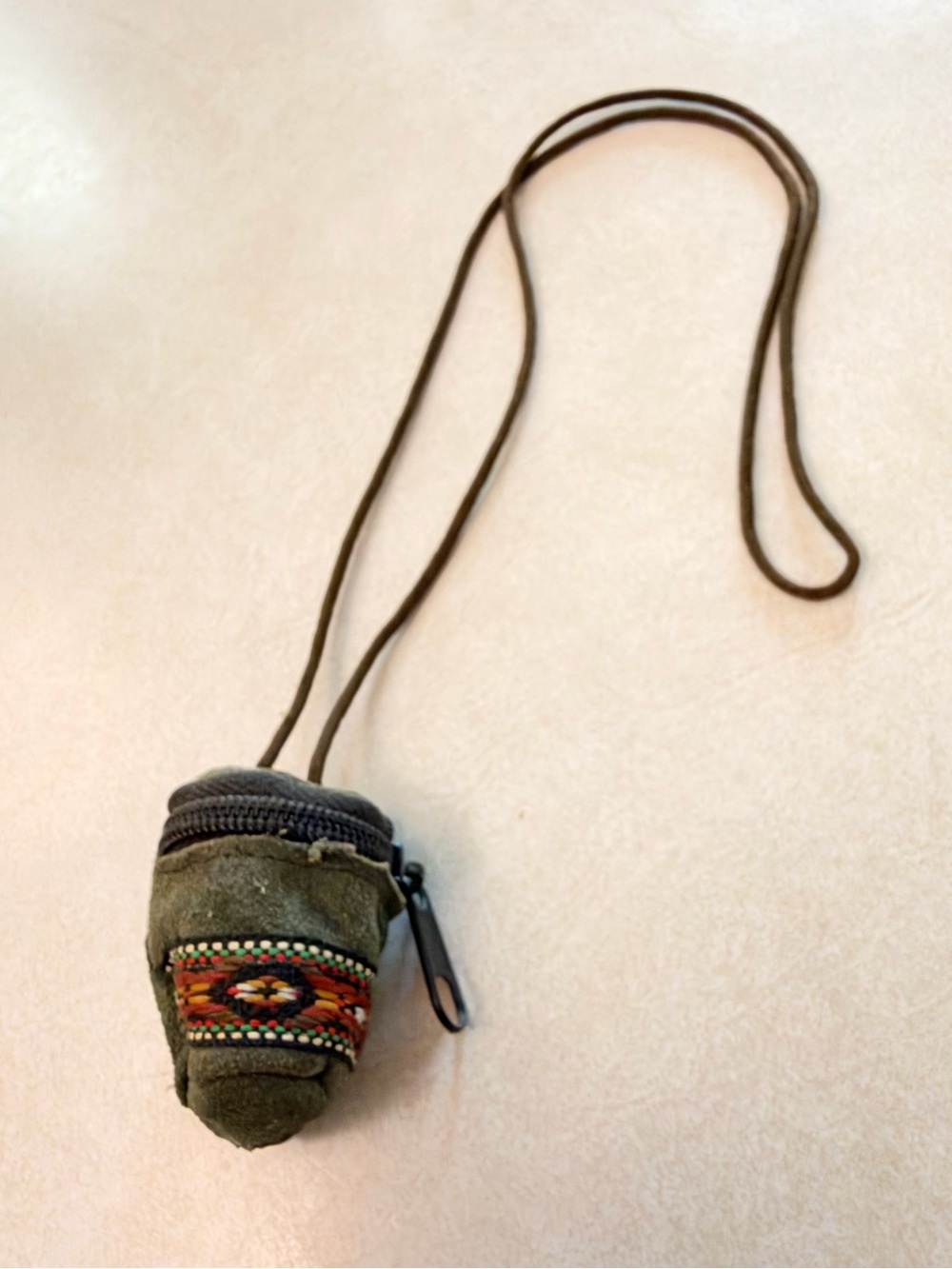Olive Green Mini Zipper Pouch Necklace Woven Geometric Trim Long Cord